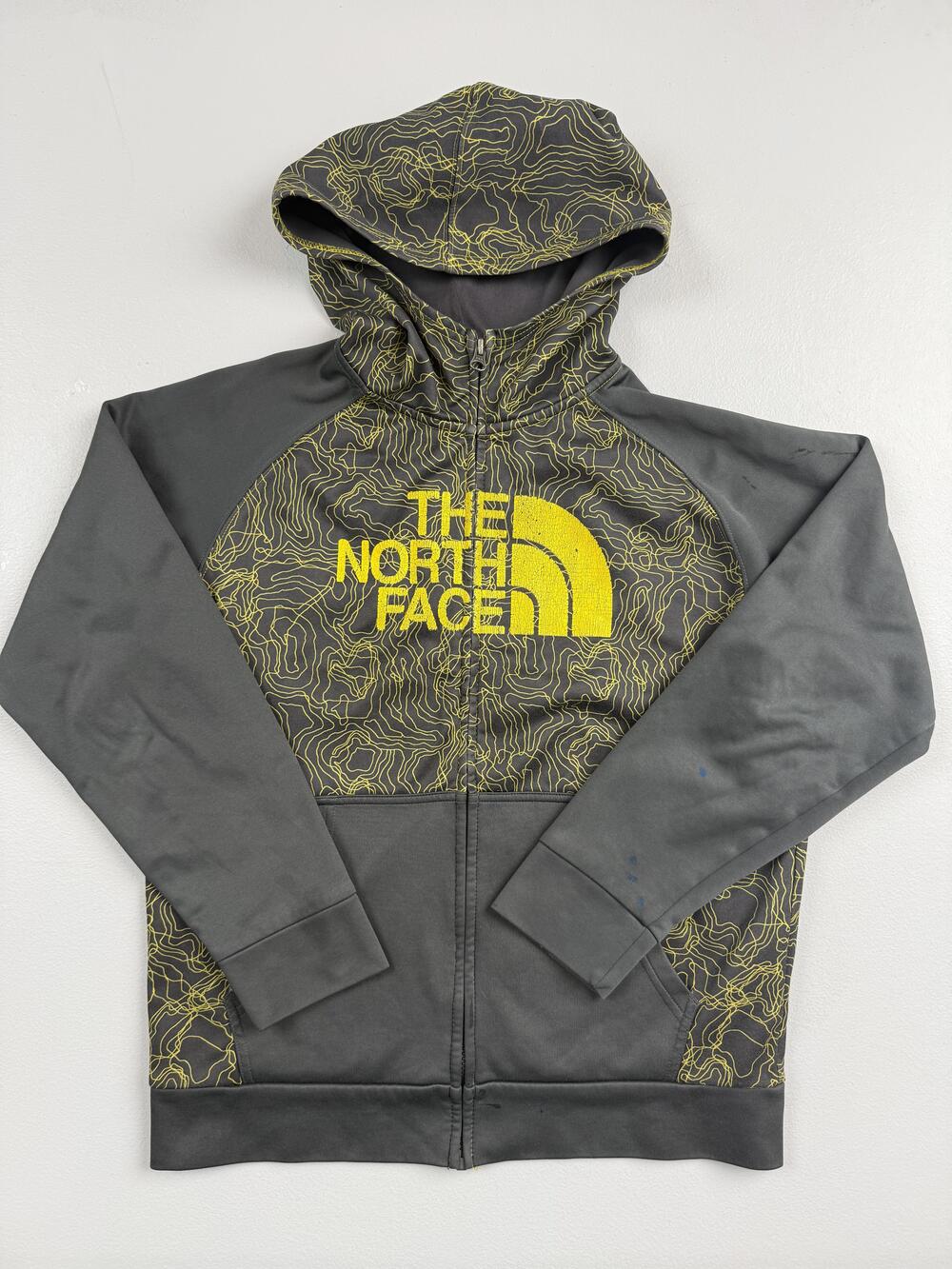 The North Face Hoodie Boys Large 14-16 Gray Full Zip Topo Print Fleece